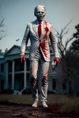 Ultra realistic image, joe biden zombie, zombie performance, soft skull, grey eyes, blood, torn arm, night, walking twisted, waist up view, thriller style, dark ambient, highly detailed, White House background, concept art, unreal engine 5, god rays, ray tracing, RTX, lumen lighting, ultra detail, volumetric lighting, 3d, finely drawn, high definition, high resolution.