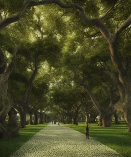 long promenade in a grand garden with ancient trees lining a cobblestone path, perfect composition, beautiful detailed intricate insanely detailed octane render trending on artstation, 8 k artistic photography, photorealistic concept art, soft natural volumetric cinematic perfect light, chiaroscuro, award - winning photograph, masterpiece, oil on canvas, raphael, caravaggio, Angkor