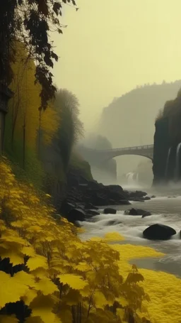 Cinematic slow motion: waterfall flowing in background, mist rising, river water rippling and reflecting, ivy leaves gently swaying on the yellow building, birds flying slowly in sky, subtle parallax camera push-in toward the bridge