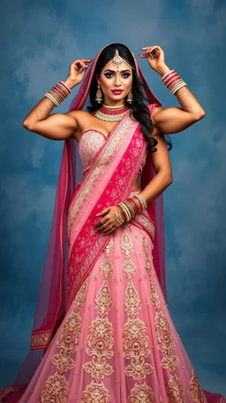 Extremely Muscular vascular indian bodybuilder bride in designer indian bridal dress, bridal makeup,