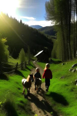 Spring in skåbu, sun, children walking in mountains, horse, broken tractot