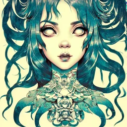 singer Melanie Martinez face, beautiful cyberpunk, hyperdetailed, illustration by Katsushika Hokusai, darkblue tones, hair two tones,