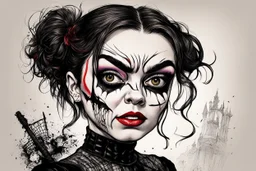 create a wild caricature of Maisie Williams as a savage, sullen, gothpunk vampire girl with highly detailed and refined facial features and hair, clothed in an ornate Gothic rags and fishnet stockings, in the caricature cartoon style of Gerald Scarfe and Ralph Steadman, precisely drawn, boldly inked, vividly colored, 4k