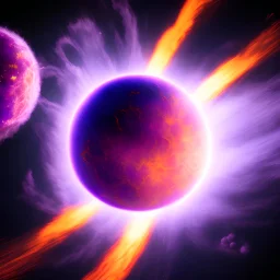 glowing purple orb exploding in the universe with burning planets in the air