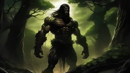 A super-sized Titan with an odd body color, dressed like Tarzan, comes toward us in a world of darkness.