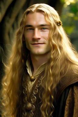 A young serene Lord Of The Rings like man with long golden hair that cascades gracefully. His open eyes, with blind pupils, reflect a depth of wisdom and inner peace. A gentle smile graces his face, adding warmth to his tranquil demeanor.