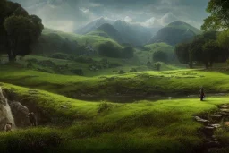 the shire, beautiful scenic landscape, lord of the rings, wide angle, super highly detailed, professional digital painting, artstation, concept art, smooth, sharp focus, no blur, no dof, extreme illustration, unreal engine 5, photorealism, hd quality, 8 k resolution, cinema 4 d, 3 d, beautiful, cinematic, art by artgerm and greg rutkowski and alphonse mucha and loish and wlop