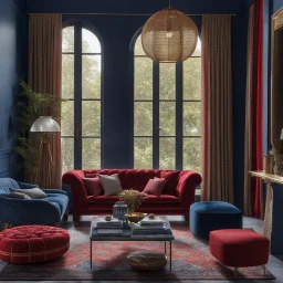 Living room in midnight blue, red and gold. large window with curtains