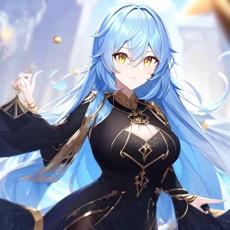 Clear focus, High resolution, Long light blue fluffy hair, hair between eyes, yellow eyes, wearing black fabric shorts, detailed outfit, blue and black outfit, gold accessory