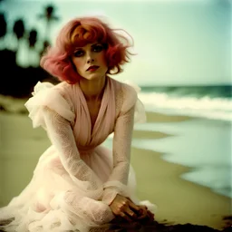 Clara bow on the beach, in the wind, white lace dress, pink hair,autochrome