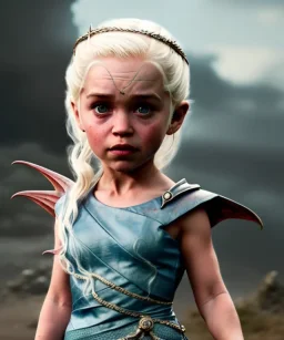 Daenerys Targaryen toddler, dragon, full body, dramatic lighting, angry, hyper realistic,