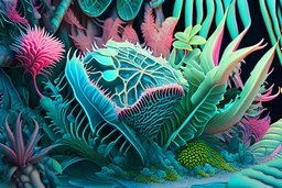 hyperdetailed photorealistic flytrap, background lush tropical lagoon, 16k resolution, wildlife photography, dynamic lighting. detailed matte painting, deep color, fantastical, intricate detail, splash screen, complementary colours, fantasy concept art. Woodblock carving, moulded resin forms and enamel, shell-pink and baby blue and light green pearlescent sheen. 3 dimensional forms with soft shadows, background faded water colour, Bas-relief, Chiaroscuro, Neon Black, Melting wax