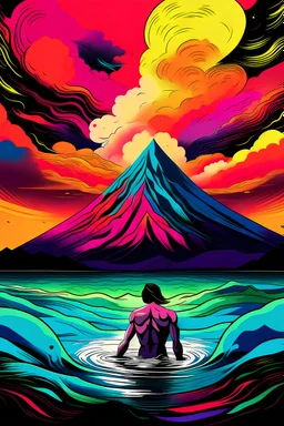 2d shaped ilustration colorful of a man swiming in a lake with a volcano in eruption in the background as album artwork Antonio Sant'Elia style