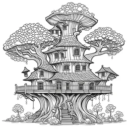 outline art for square twisted mushroom castle old oak tree coloring page for kids, classic manga style, anime style, realistic modern cartoon style, white background, sketch style, only use outline, clean line art, no shadows, clear and well outlined