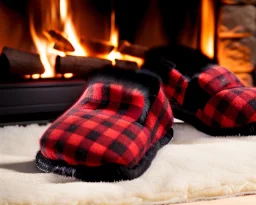 Red plaid slippers, fur black rug,log cabin fireplace