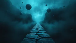passage over nothingness, surreal, dark and cold abstract artwork dominated by deep blue, icy cyan, charcoal black and muted steel-grey tones. An narrow passageway emerges from an abstract distorted weird landscape, surrounded by thick fog and drifting mist. The space feels nightmare, alien and unsettling, with floating circles and balls geometric forms, fragmented land, perspective. At the center of the composition cracked stone way over abyss