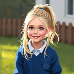a pretty girl, age 8, blonde hair in a pony tail, playing outside, blue school jumper, digital painting, stylised