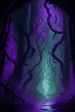 A frightening fungus forest dungeon hallway with purple mist