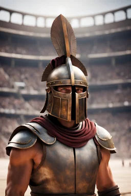 Gladiatore (con elmo chiuso e visto da davanti); sfondo arena