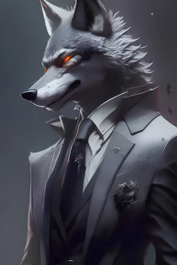 award winning portrait of a male anthropomorphic light gray wolf. black suit. character design by cory loftis, fenghua zhong, ryohei hase, ismail inceoglu and ruan jia. unreal engine 5, artistic lighting, highly detailed, photorealistic, fantasy