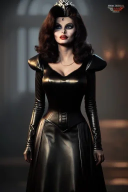 young sophia loren as evil queen in black leather, angry, stern look, volumetric lighting, particales,highly detailed,cinematic, deep colours,8