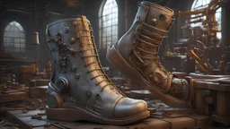 Fantasy complicated machine to make wellington boots, rubber boot factory, amazing engineering, intriguing, amusing, complex, exquisite composition, beautiful detailed octane render, trending on artstation, 8k artistic photography, photorealistic concept art, soft natural volumetric perfect light, chiaroscuro, award-winning photograph, masterpiece, heath robinson, Escher, Disney