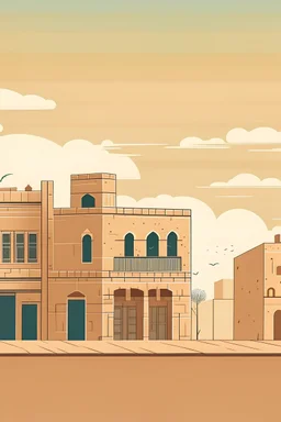 Create a clear and atmospheric simple stroke no line vector about a cityscape located in persia in ancient times desert environment Emphasize the dusty and sandy streets that have no sidewalks, featuring mostly dirt roads. Illustrate a simple brick building with a minimalist, box-like facade, and depict the building with very smiling people in the background. Capture the unique atmosphere of the city