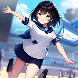 Clear focus,High resolution, Black short fluffy hair, and blue eyes, wearing a sailor uniform, must wear a short skirt with a horizontal line, Blushing, Jumping