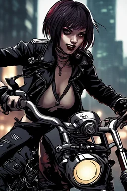 vampire girl showing fangs with short cropped cyberpunk hair riding a cafe racer motorcycle in a post apocalyptic city at night