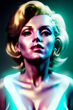 Ultra Realistic image, portrait, blonde woman, sweet Marylin Monroe face, perfect iris, glow eyes, gold makeup. Cyberpunk style, latex coat, fog, rain, soft color, highly detailed, unreal engine 5, ray tracing, RTX, lumen lighting, ultra detail, volumetric lighting, 3d, finely drawn, high definition, high resolution.