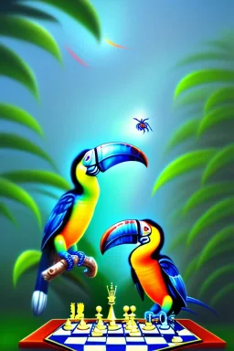 blue spider playing chess with a toucan, neo-impressionism, trending on artstation, jungle setting, soft pastel colors, mystical