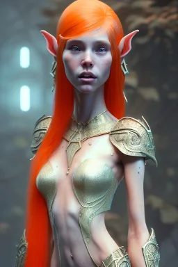 painting of a tall elven young woman with short light orange hair and freckles on the cheak bones and tall body of a topmodel light clothes, full shot, ultra realistic, concept art, intricate details, eerie, highly detailed, photorealistic, octane render, 8 k, unreal engine. art by artgerm and greg rutkowski and charlie bowater and magali villeneuve and alphonse mucha