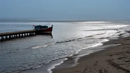 Detail of a pier or muddy beach, with subtle reflections and the boat as the main focal point.