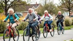 Elderly pensioners riding unicycles. Everyone is happy. Photographic quality and detail, award-winning image, beautiful composition.