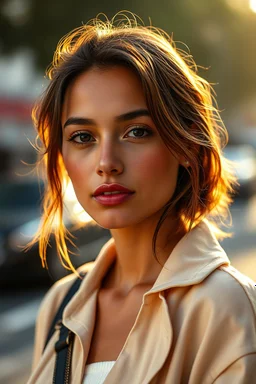 Create an ultra-realistic cinematic 8K portrait of the person in this photo. Keep the face 100% identical — same facial features, skin texture, and expression. Style: fashion editorial, confident pose. Lighting: warm golden hour sunlight, soft rim light. Background: softly blurred urban bokeh. Camera look: shallow depth of field, film grain, cinematic color grade. Outfit: keep similar to the original or elevate slightly with premium casual style.