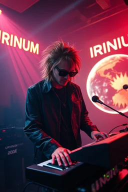 French cool synth player with crazy techno acid hair, he is called "Jean-Maurice Brûlée" performing at dance club, his name is "Jean-Maurice Brûlée" , white and orange Neon lights and oraNGE smog, and "URINIUM" big sign on the wall, he is playing on synthesizers on stage with lot of laser beams and wearing black sunglasses, an earth is projected in background