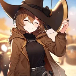 Clear focus, High resolution, short brown spiky hair, hair between eyes, eyes closed, wearing a brown detective hat, wearing a brown jacket and a black shirt, wearing black shorts, 1girl, pulling hat down, smiling, wearing a oversized hoodie