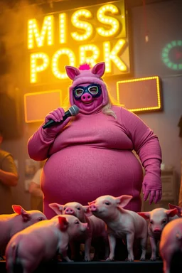 a very fat swedish girl, with skimask with called "Fröken Fläsk" performing at dance club, her name is "Fröken Fläsk" piglets On stage, yellow Neon lights and smog, and "FRÖKEN FLÄSK" big sign on the wall, she singing with mic