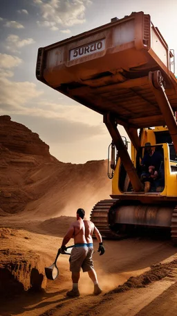 photography of a 50-year-old Italian man , burly chubby sweat, maneuvers a large excavator in the sun, shirtless and white boxer, big legs, big belly, goatee, ambient occlusion, frontal view, 4k,