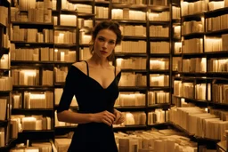 full-height shot of a woman in a tight black dress, inside a large magic book shop, shelving, lights, books, bottles, windows