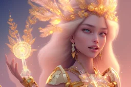 very beautiful crystal and gold goddess in a galactic ambiance, nice smiling, transparent petals, delicate colors, full of details, smooth, bright sunshine，soft light atmosphere, light effect，vaporwave colorful, concept art, smooth, extremely sharp detail, finely tuned detail, ultra high definition, 8 k, unreal engine 5, ultra sharp focus