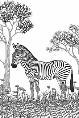 Feature a zebra, in a savannah setting, with a few acacia trees, clean line art, white background, no shadows, black and white coloring book.