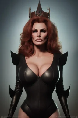 Raquel Welch as evil queen in black leather, leather, busty, cleavage, angry, stern look. character design by cory loftis, fenghua zhong, ryohei hase, ismail inceoglu and ruan jia. unreal engine 5, artistic lighting, highly detailed, photorealistic, fantasy