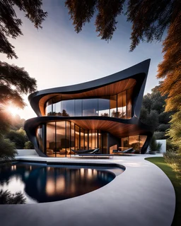 Hyperrealistic maximalist photography of a modern country house, ultra warm, incredible work of art, vista exterior, estilo Zaha Hadid