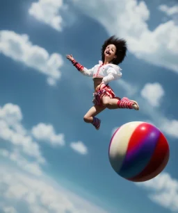 Ultra realistic speed clouds sky scene, wide angle view, childs falling down with many Childs background, circus dress style, feather color, free jumping flying, many trinkets, hair monster, many jelly beans, balls, color smoke, smile, happy, extreme, wind, clouds sea, 20,000 feet altitude, stratosphere, soft color, highly detailed, unreal engine 5, ray tracing, RTX, lumen lighting, ultra detail, volumetric lighting, 3d, finely drawn, high definition, high resolution.