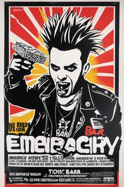 advertisement poster of a British punk selling an energy bar to eat, with the iconic Anarchy logo