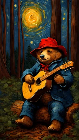 Paddington in the forest playing guitar Van Gogh style