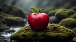 A breathtaking award-winning photo of A red apple sitting on a wet rock covered with moss. The image showcases naturalism . The background emphasizes the apple body creating a bright and powerful composition,,dramatic scene