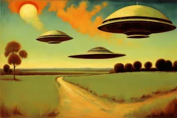 retrofuturism landscape with ufo in the sky, henry luyten and ludwig dettman impressionism paintings