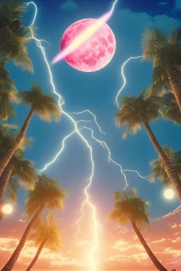 1980's vaporwave aesthetic palm trees with lightning with lunar eclipse crescent in the ocean waves sunset